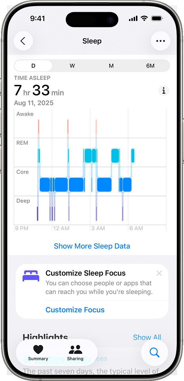 Example sleep screen from a phone health app